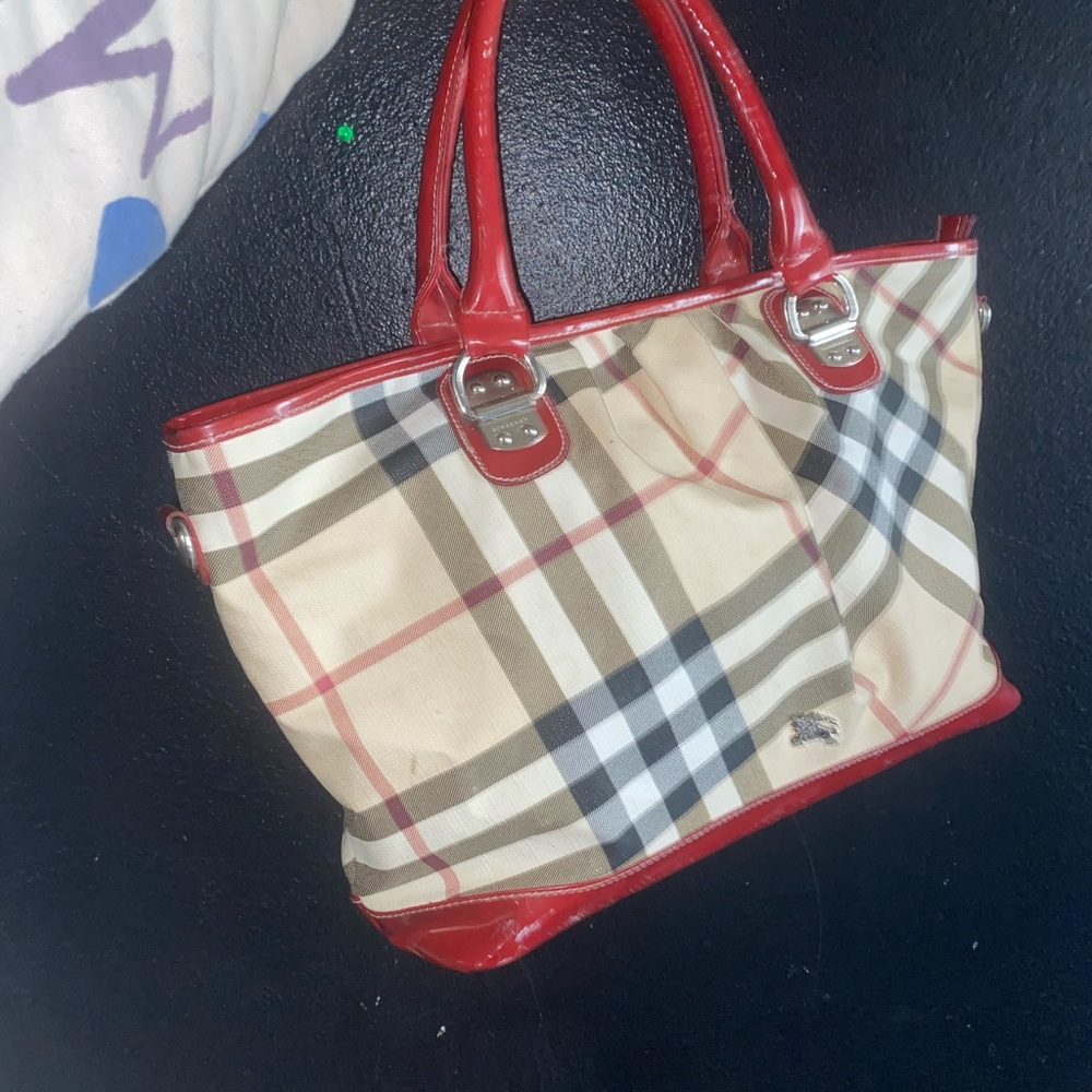 vintage Burberry Blue Label tote bag with red patent leather trim,